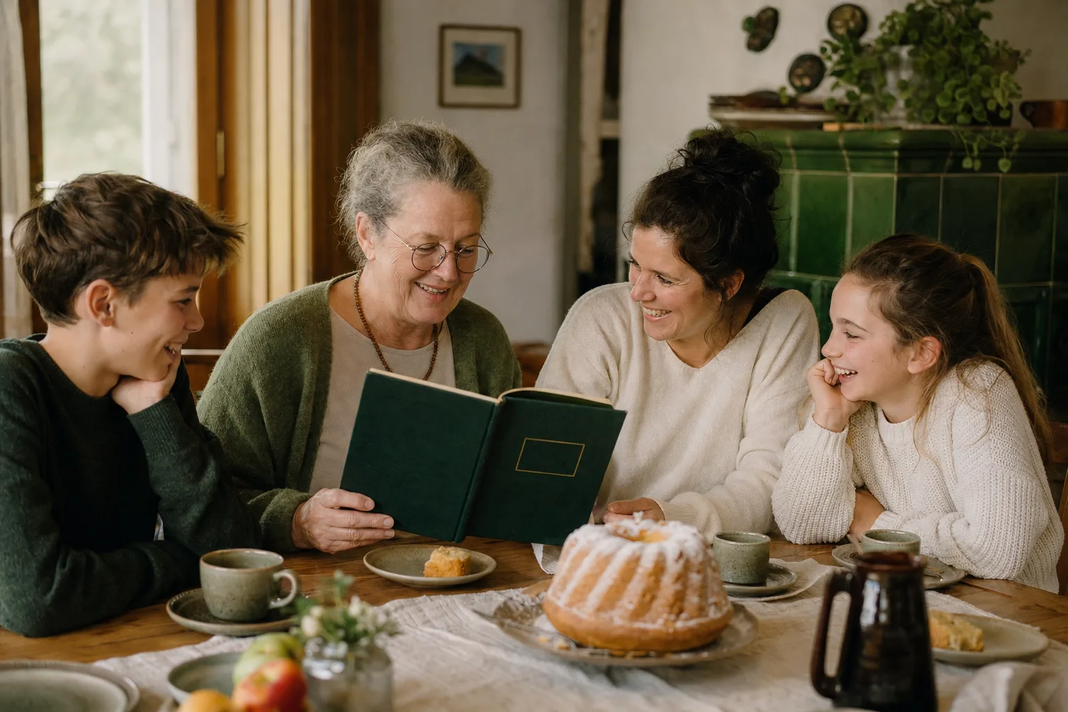 Familie am Sonntagstisch, die Großmutter liest aus ihrem Buch vor