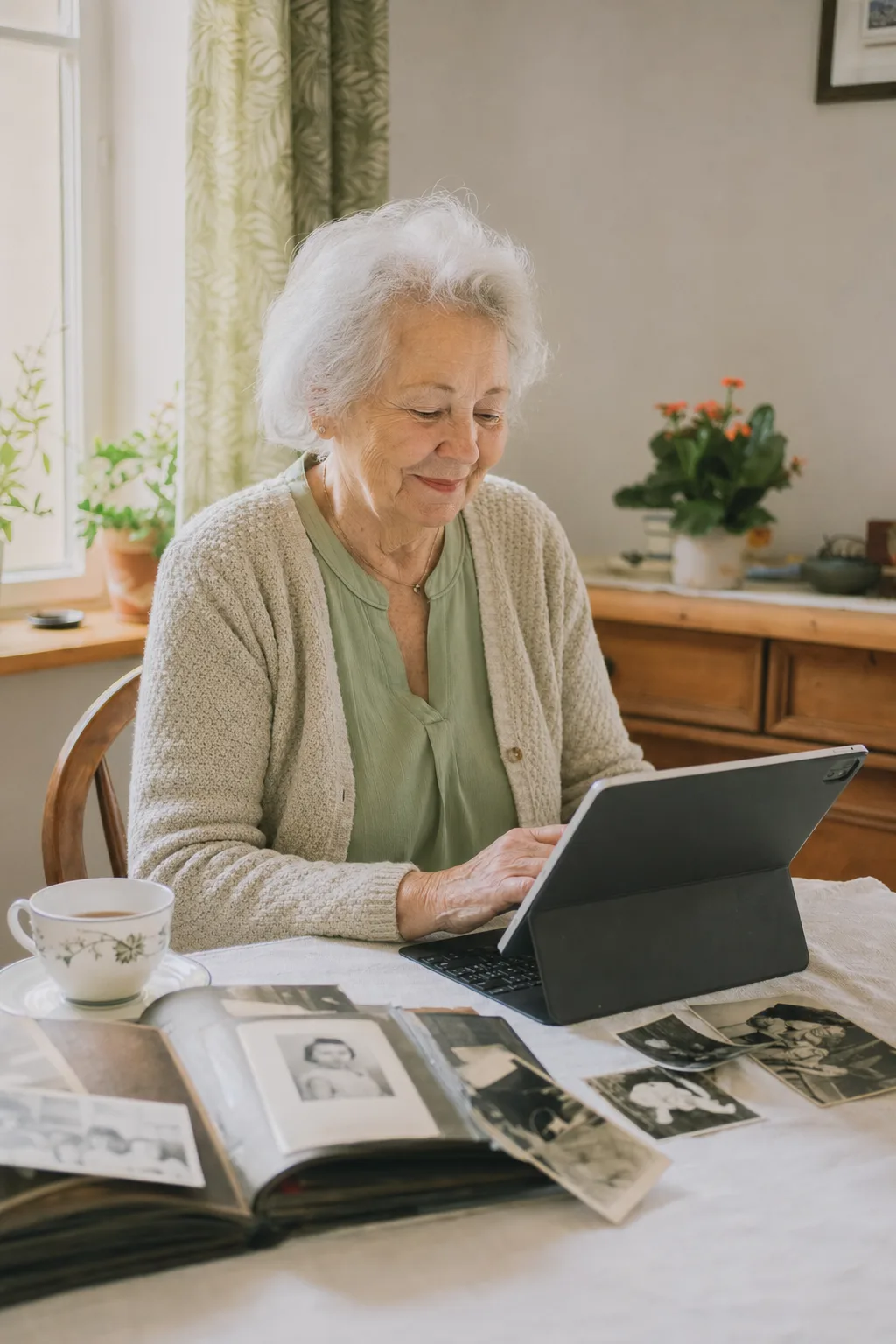 Ältere Frau schreibt am Tablet neben alten Fotos